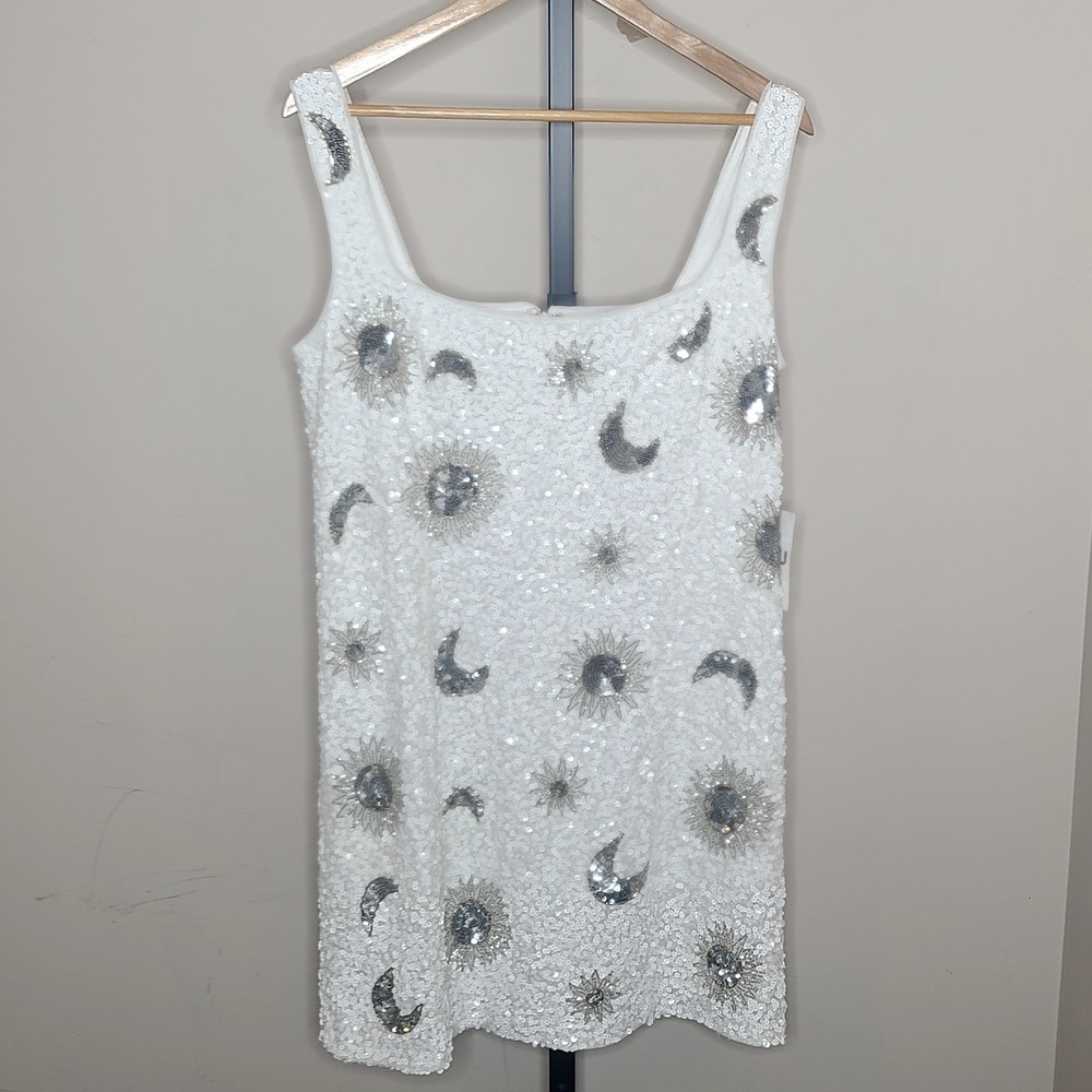Show Me Your MuMu White Sequin Mini Dress with Silver Moon & Sun Embellishments